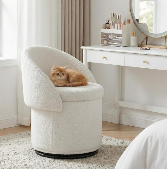 Round Swivel Vanity Stool With Storage And Foldable Backrest